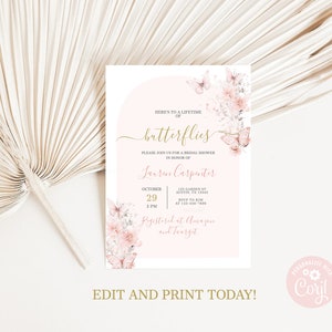 Lifetime of butterflies bridal shower invitation, Editable Butterfly Template Floral Party Invite Instant Download