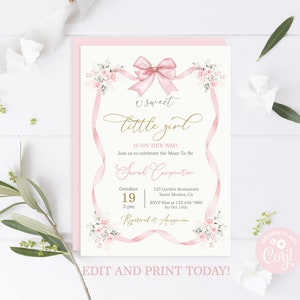 Invito con fiocco rosa per baby shower bambina, invito per baby shower bambina con fiocco, invito con nastro rosa modificabile