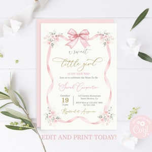 Pink Bow Invitation for Baby Shower Girl, Baby Shower girl with bow invite, editable pink ribbon invite