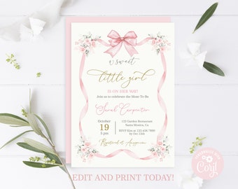 Pink Bow Invitation for Baby Shower Girl, Baby Shower girl with bow invite, editable pink ribbon invite