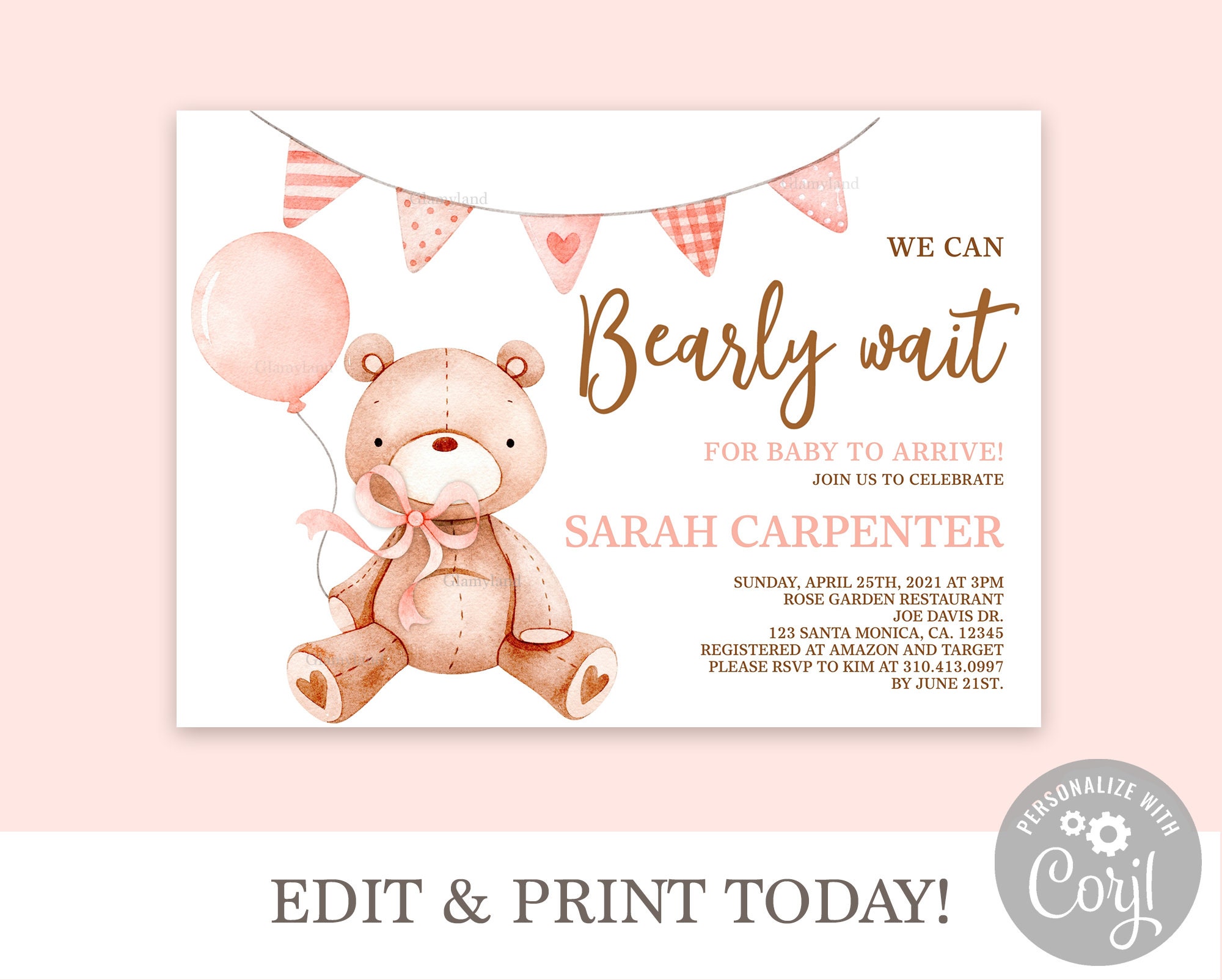 Bear Baby Shower Invitation for baby Girl We Can Bearly Wait Etsy