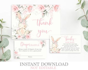 Bunny Baby shower girl bundle, blush pink bunny thank you cards, bring a book, diaper Raffle, floral instant download templates