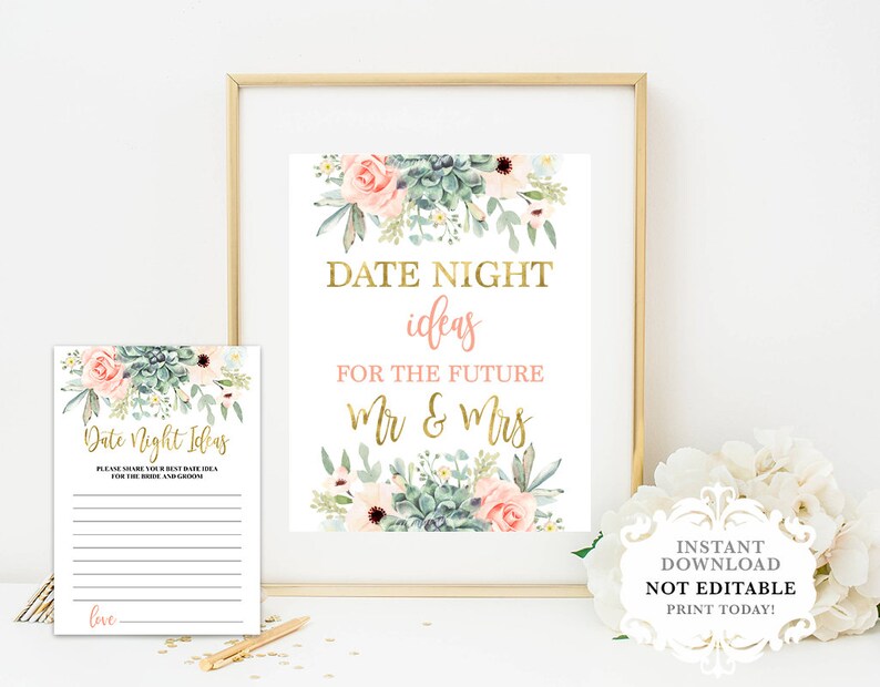 peach bridal games date ideas card succulent bridal shower sign Date night ideas sign coral instant download