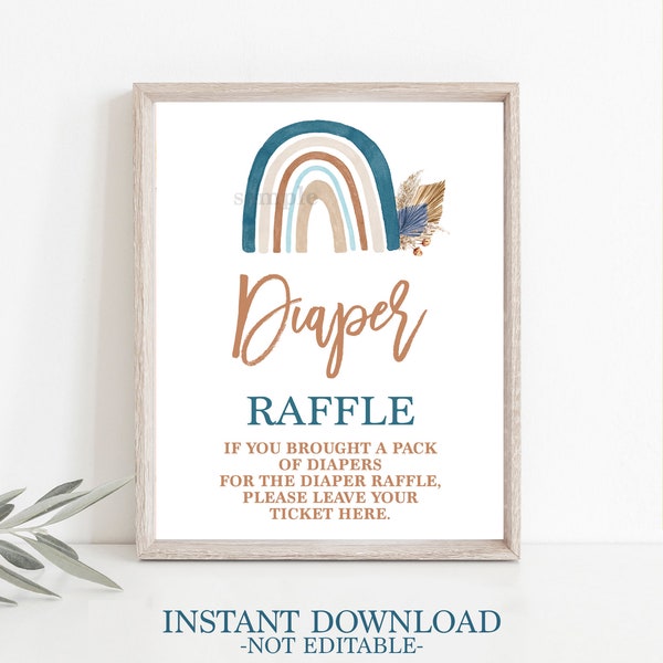 Boho Blue Rainbow Diaper Raffle baby shower boy sign, instant download