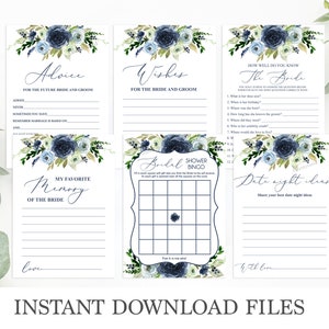 Bridal shower pack games, instant download bridal games, floral navy blue bridal shower, bundle dusty blue bridal shower games