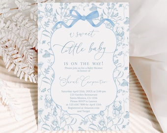 Toile De Jouy Blue Baby Shower Invitation with bow, Blue chinoiserie vintage baby shower invite