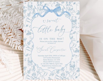 Toile De Jouy Blue Baby Shower Invitation with bow, Blue chinoiserie vintage baby shower invite