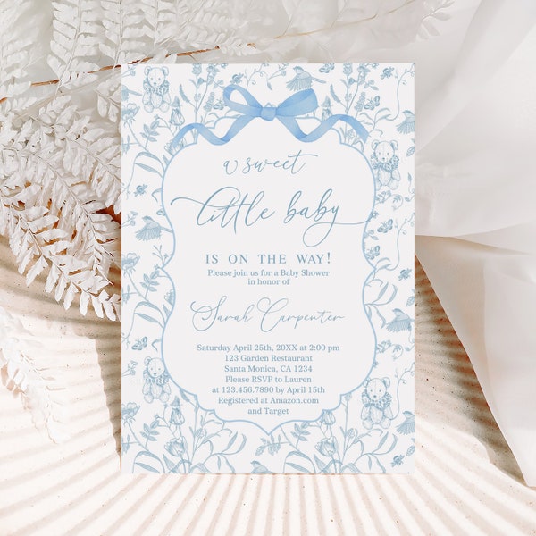 Toile De Jouy Blue Baby Shower Invitation with bow, Blue chinoiserie vintage baby shower invite