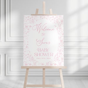 Toile De Jouy Welkomstbord babyshower meisje, roze vintage babyshowerbord, bewerkbaar welkomstbord