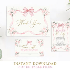 Baby Shower Girl mit Schleife, rosa Schleife Baby Shower Girl Bundle, rosa Schleife Windel Verlosung, rosa Schleife Dankeschön Karten, sofort Download