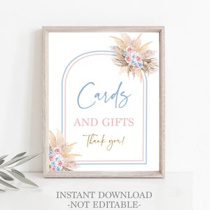 Pampas Grass Cards and Gifts Signo de revelación de género, signo boho rosa y azul, signo de descarga instantánea