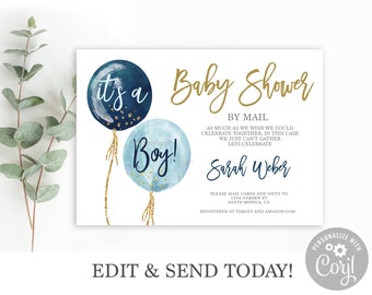 Baby Shower by Mail Invitation Boy, Virtual Baby Shower, Editable Invitation Template, Navy Blue Balloon, it's a boy evite Instant Download