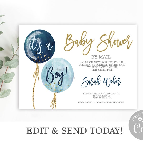 Baby Shower by Mail Invitation Boy, Virtual Baby Shower, Editable Invitation Template, Navy Blue Balloon, it's a boy evite Instant Download