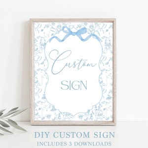 Blauwe strik babyshower jongen aangepast bord, toile de jouy babyshower jongen DIY teken, blauw vintage babyshower bord, toile beer aangepast bord