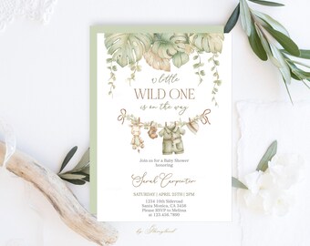 Invitación para baby shower de niño con temática de safari: Un pequeño salvaje. Invitación editable e imprimible.
