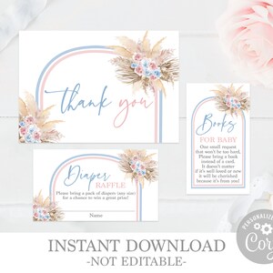 Tarjetas de rifa de pañales Pampas Grass Gender Reveal, paquete de tarjetas de agradecimiento boho azul y rosa, tarjeta imprimible de descarga instantánea