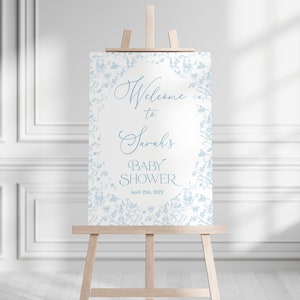 Toile De Jouy Baby Shower Boy Willkommensschild, Blaues Vintage Baby Shower Zeichen, Toile Bear bearbeitbares Willkommensschild