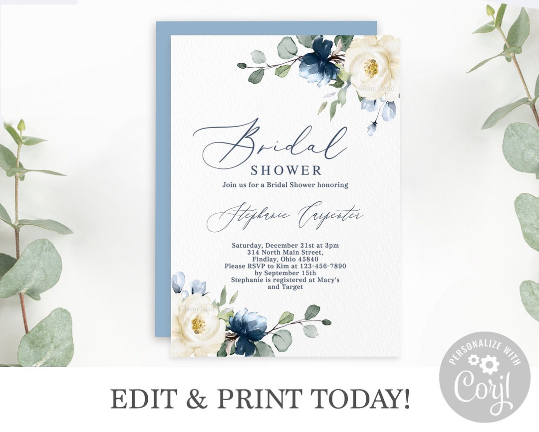 Dusty Blue Bridal Shower Printable Invitation Instant Download, Floral ...
