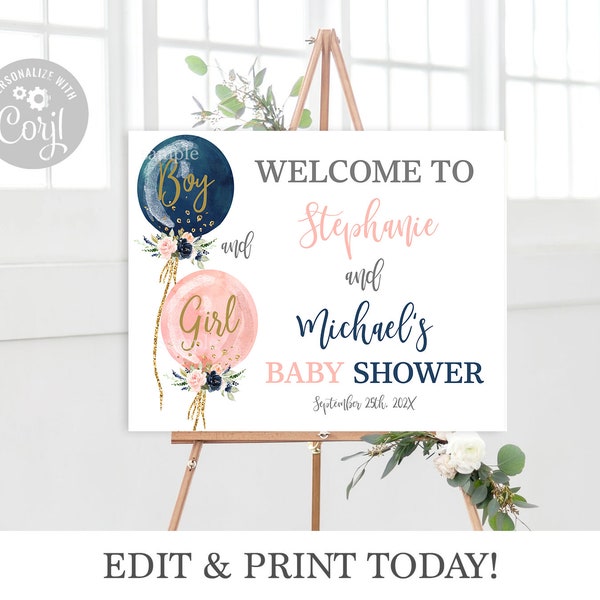 Twins Boy and Girl welcome sign, navy blue and blush pink, balloons pink and blue, Baby shower, instant download editable sign