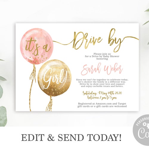 Drive by Baby Shower Invitation Template Pink and Gold Etsy