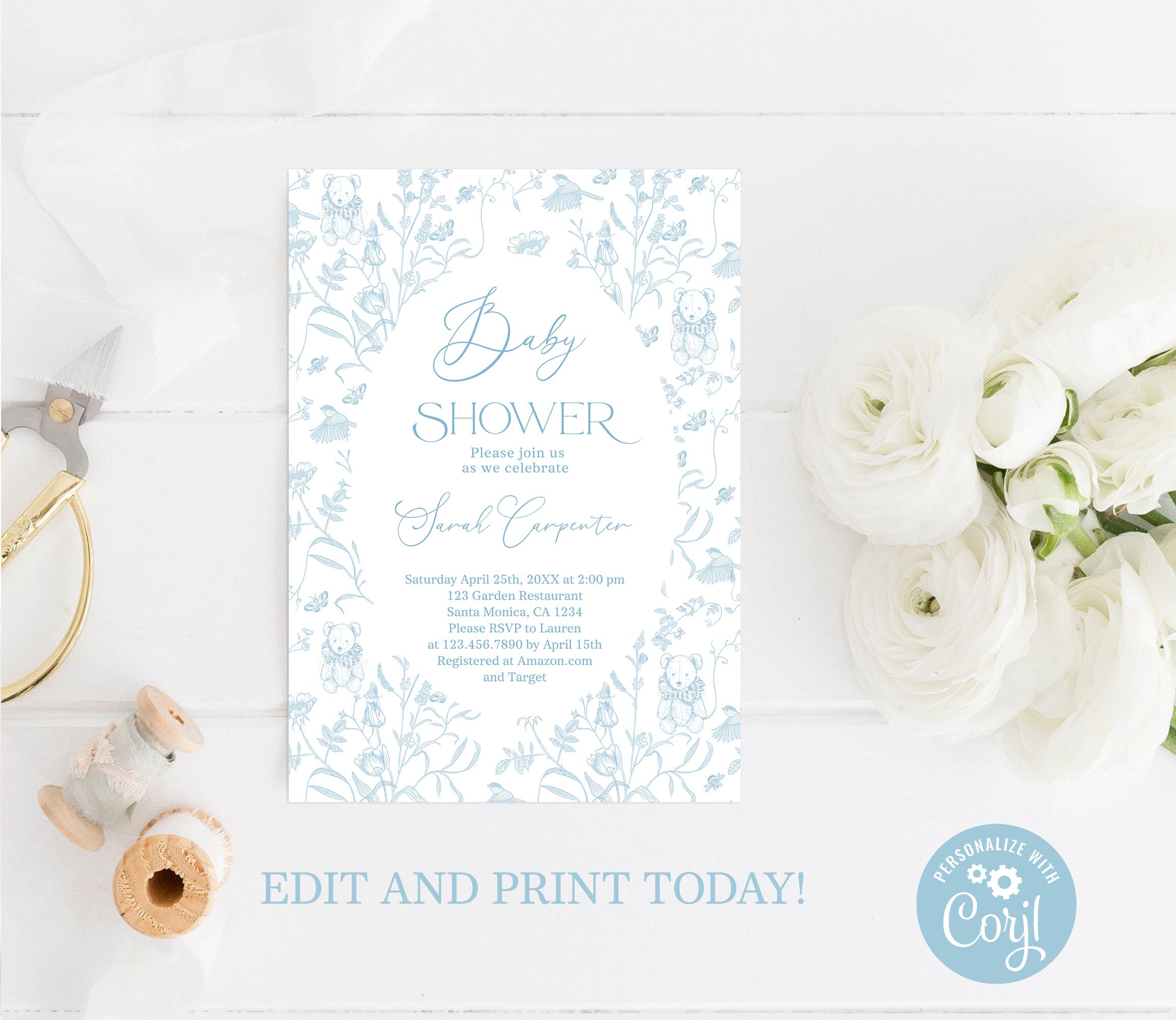 Toile De Jouy Baby Shower Boy Invitation