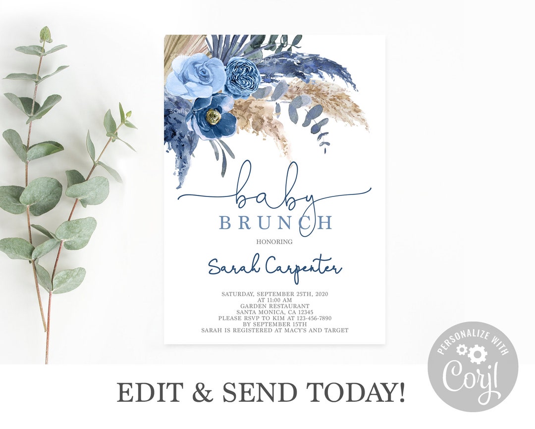 Blue Pampas Grass Boy Baby Shower Invitation Download, Boho Boy ...