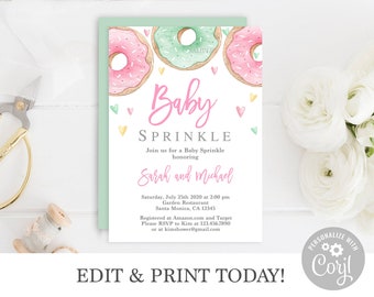 Donuts Baby Shower Sprinkle Invitation girl, editable template instant download pink donuts baby invite, Baby Sprinkle sweet invitation