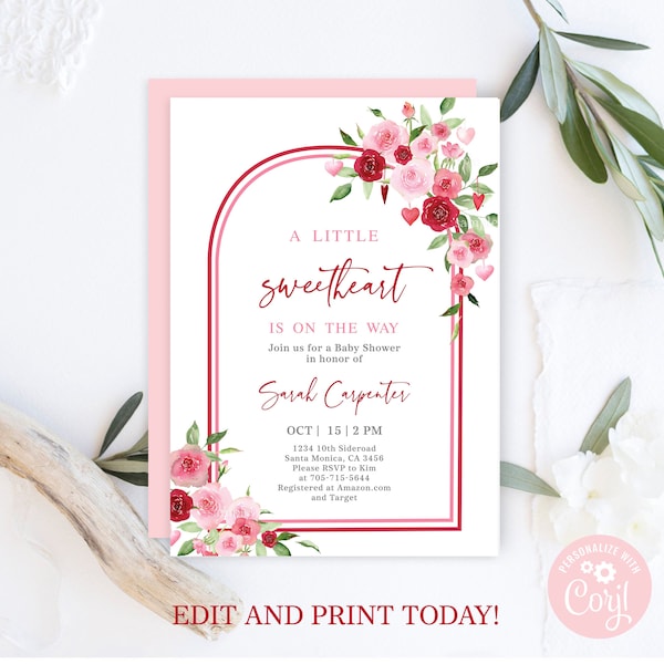 A Little Sweetheart Baby Shower invitation, Valentines Baby Shower invite, Pink and Red Floral Baby shower invite, editable template