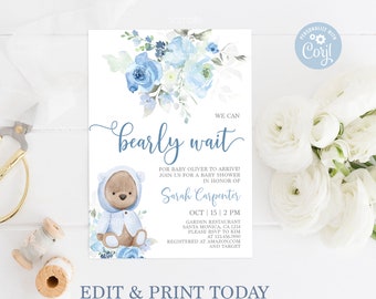 Editable Teddy Bear Baby Shower Invitation Boy, We can bearly wait baby shower boy invite, Teddy Bear invitation boy