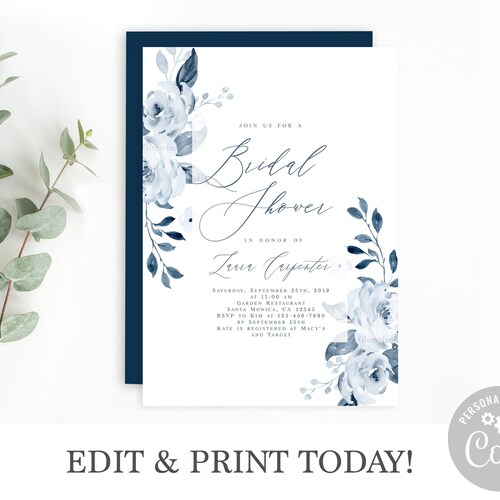 Dusty Blue Bridal Shower Invitation Download Floral Bridal - Etsy