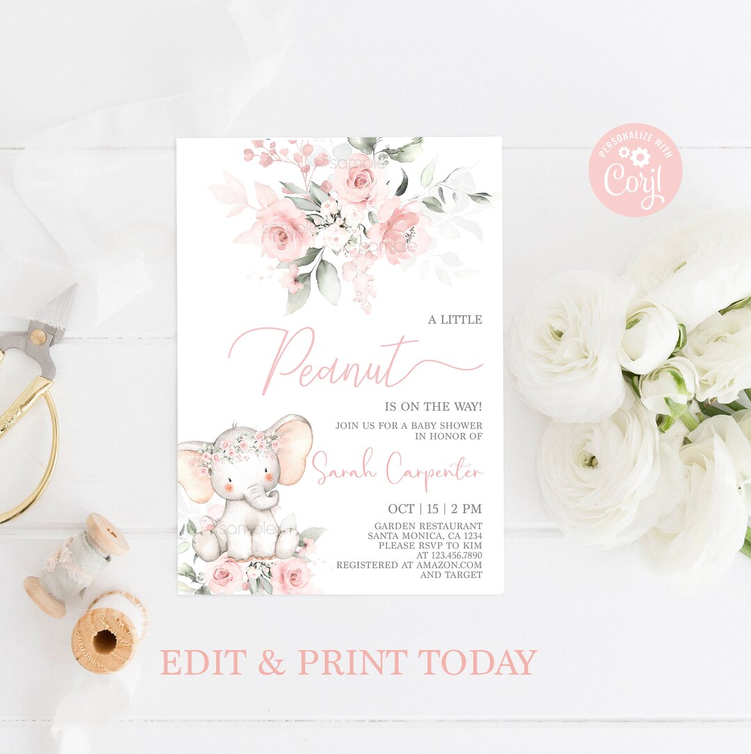 EDITABLE Blush Pink Elephant Baby Shower Invitation Girl Baby Elephant ...