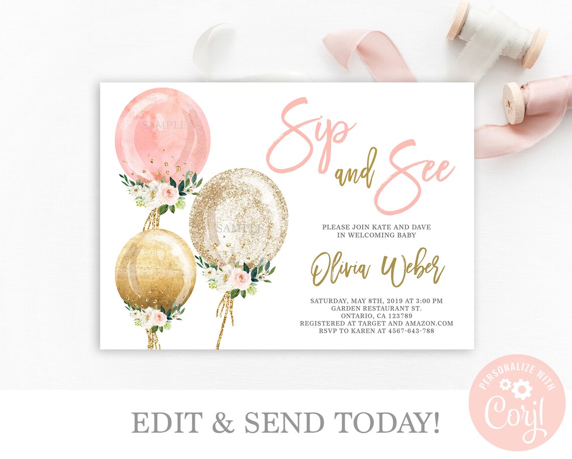 Sip and See Baby Shower Invitation Girl Instant Download Etsy
