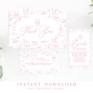Toile De Jouy Pacote de chá de bebê para meninas, cartões de sorteio de fraldas para meninos Toile, cartões de agradecimento rosa Toile De Jouy, download instantâneo