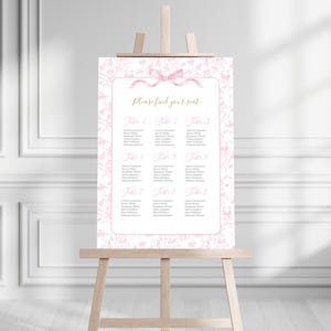 Roze strik babyshower meisje aangepaste stoelentabel, Toile de Jouy babyshower meisje stoelentabel, roze vintage babyshower stoelentabel