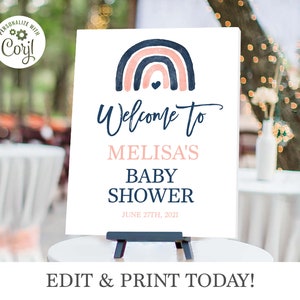 Rainbow Gender Reveal Welcome Sign: Navy, Pink (Instant Download)