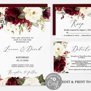 White and burgundy Wedding Invitation Suite, instant download Wedding Invite Template, red and white Wedding Invitation Set