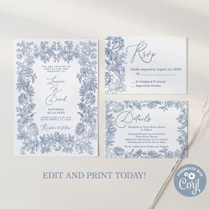 Toile Wedding invitation Bundle, Instant Download editable template, dusty blue chinoiserie wedding invite
