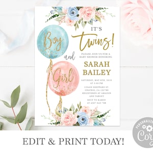 Twins Baby Shower Invitation Boy and Girl Twins Shower Invites Instant Download, Baby Blue and Pink Balloons, instant download editable