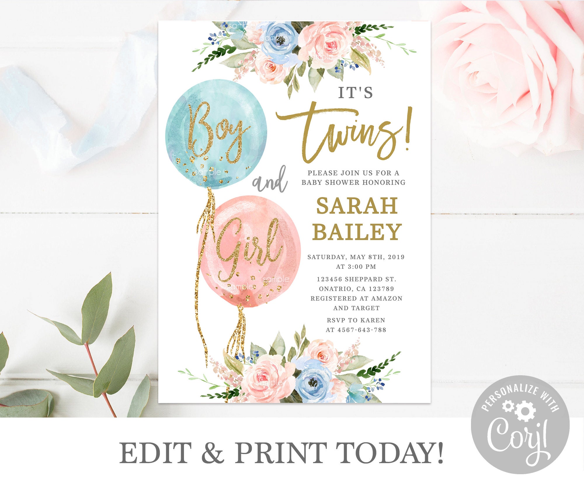 Twins Baby Shower Invitation Boy and Girl Twins Shower Invites Instant Download Baby Blue and Pink Balloons Instant Download Editable Etsy Canada