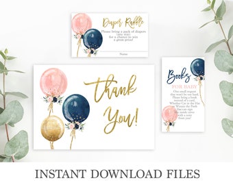 Navy blue and pink baby shower bundle, Gender reveal diaper raffle cards, balloons diaper floral cards, instant download