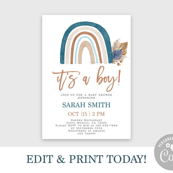 Blue Rainbow Baby Shower Boy invitation, boho pampas grass and rainbow invite, dusty blue muted earthy colors editable template instant