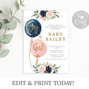 Baby Name Suggestion sign and card, Gender Reveal Game, floral balloons Pink and navy Blue Baby shower card, instant download image 3