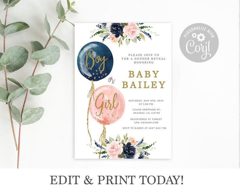 Baby Name Suggestion sign and card, Gender Reveal Game, floral balloons Pink and navy Blue Baby shower card, instant download image 3