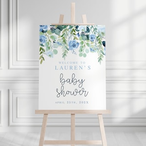 Baby Shower Boy Welcome Sign: Blue Floral, Editable (Digital Download)
