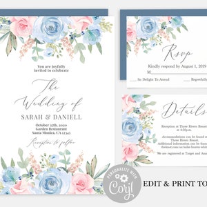 Blue and blush wedding invitation, Instant Download editable template, dusty blue and pink wedding invite