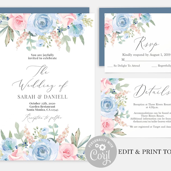 Blue and blush wedding invitation, Instant Download editable template, dusty blue and pink wedding invite