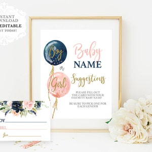 Baby Name Suggestion sign and card, Gender Reveal Game, floral balloons Pink and navy Blue Baby shower card, instant download image 1
