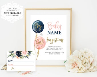 Baby Name Suggestion sign and card, Gender Reveal Game, floral balloons Pink and navy Blue Baby shower card, instant download