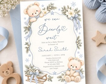 May include: A baby shower invitation card featuring a light blue and white winter theme with two illustrated teddy bears, pine branches, poinsettias, and snowflakes. The text reads: we can Bearly wait, Join us for a Baby Shower in honor of Sarah Smith.