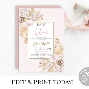 Boho Baby Shower Invitation girl, Desert Baby Shower girl invitation Instant Download blush pink dried leaves